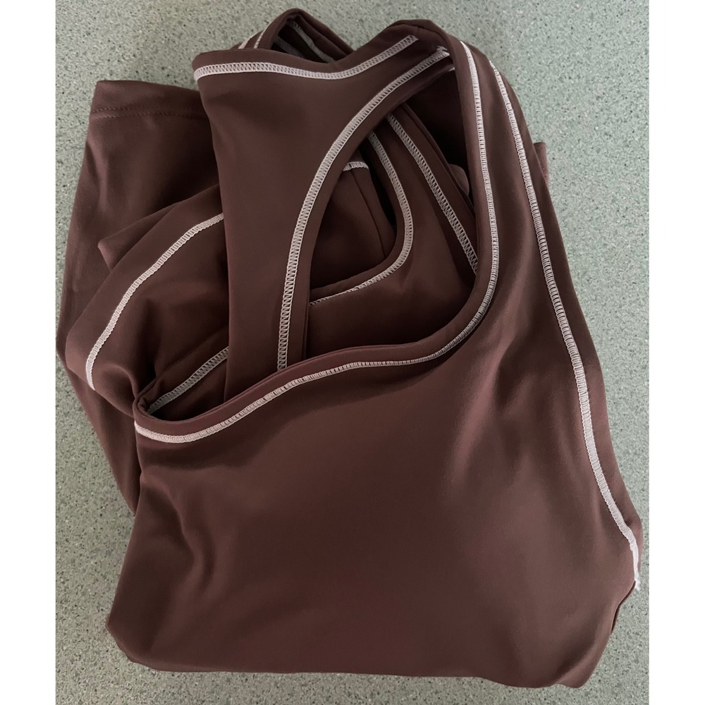 Mauve Brown Activewear Set Racerback Tank and Biker Shorts with White Piping M